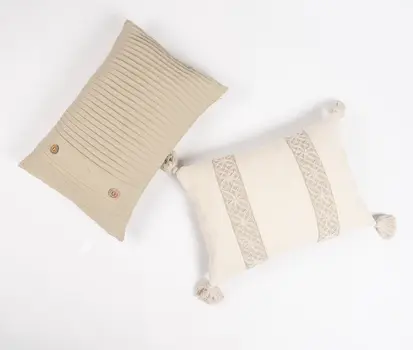 14" X 20" Beige and Green Geometric Cotton Throw Pillow Cover With Embroidery, Tassels