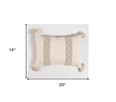 14" X 20" Beige and Green Geometric Cotton Throw Pillow Cover With Embroidery, Tassels