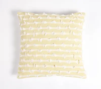18" Yellow and White Striped Cotton Throw Pillow Cover With Fringe