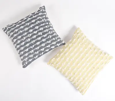 18" Yellow and White Striped Cotton Throw Pillow Cover With Fringe