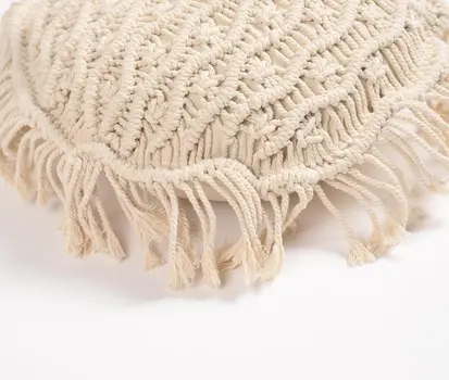 15" X 15" Beige Round Wavy Stripe Cotton Throw Pillow Cover With Fringe