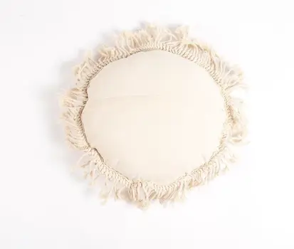 15" X 15" Beige Round Wavy Stripe Cotton Throw Pillow Cover With Fringe