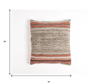 19" Brown and Red Striped Cotton Blend Throw Pillow Cover