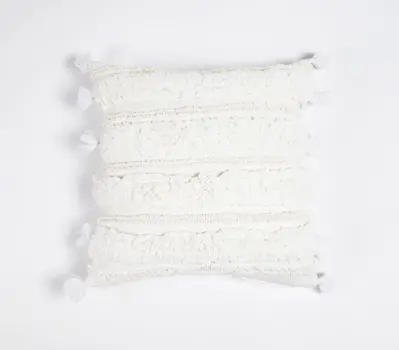 16" White Striped Cotton Throw Pillow Cover With Tassels And Tufts