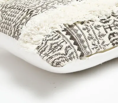 12" X 20" Gray and White Striped Cotton Throw Pillow Cover With Fringe