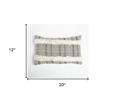 12" X 20" Gray and White Striped Cotton Throw Pillow Cover With Fringe