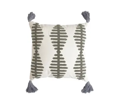 18" Gray Eclectic Cotton Throw Pillow Cover With Embroidery, Tassels