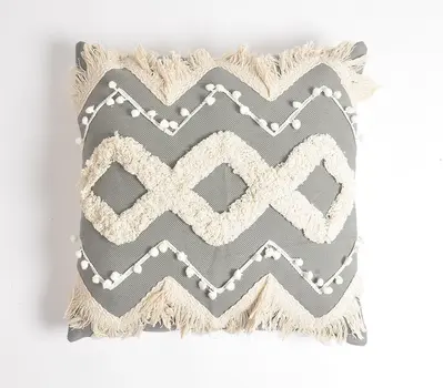 18" Gray and White Zigzag Cotton Throw Pillow Cover With Embroidery, Fringe