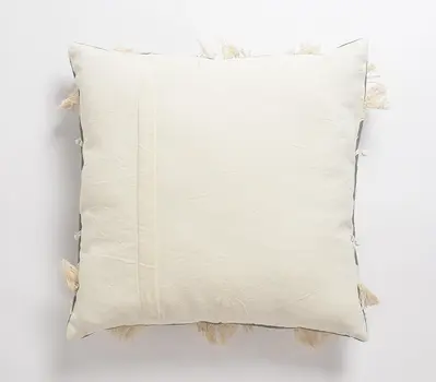 18" Gray and White Zigzag Cotton Throw Pillow Cover With Embroidery, Fringe