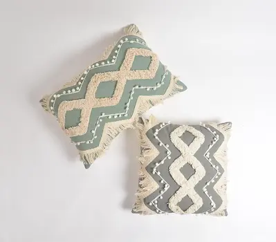 18" Gray and White Zigzag Cotton Throw Pillow Cover With Embroidery, Fringe