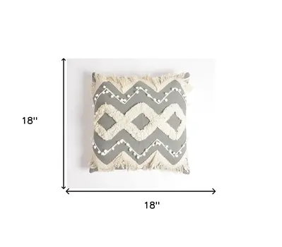 18" Gray and White Zigzag Cotton Throw Pillow Cover With Embroidery, Fringe