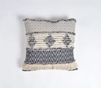 18" Beige and Gray Striped Cotton Throw Pillow Cover With Fringe, Tufts