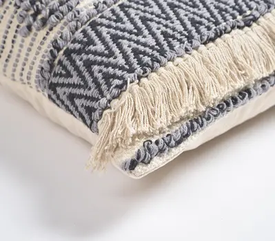 18" Beige and Gray Striped Cotton Throw Pillow Cover With Fringe, Tufts