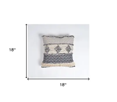 18" Beige and Gray Striped Cotton Throw Pillow Cover With Fringe, Tufts