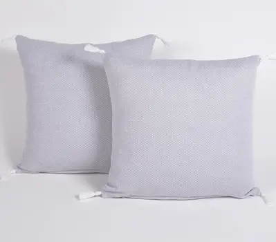 Set of Two 16" Gray Cotton Throw Pillow Covers with Tassels