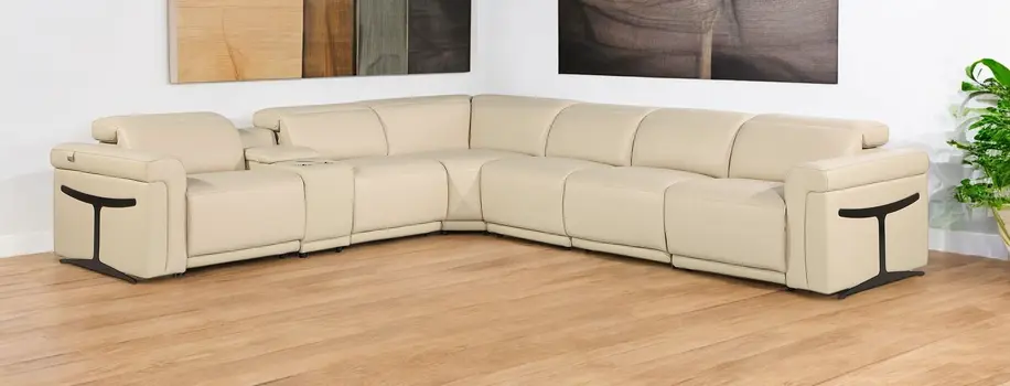 Beige Italian Leather Modular L Shaped Seven Piece Corner Sectional With Console
