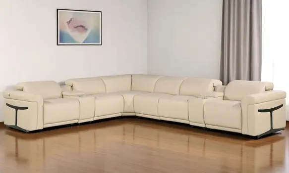 Beige Italian Leather Modular L Shaped Eight Piece Corner Sectional With Console
