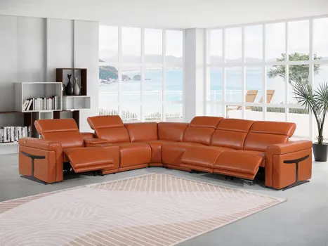 Camel Italian Leather Modular L Shaped Seven Piece Corner Sectional With Console