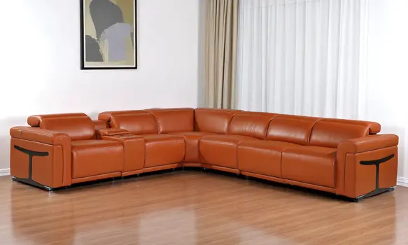 Camel Italian Leather Modular L Shaped Seven Piece Corner Sectional With Console