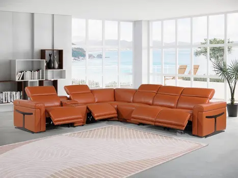 Camel Italian Leather Modular L Shaped Seven Piece Corner Sectional With Console