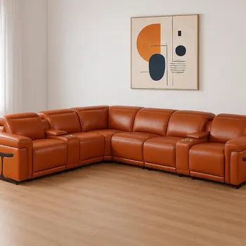 Camel Italian Leather Modular L Shaped Eight Piece Corner Sectional With Console