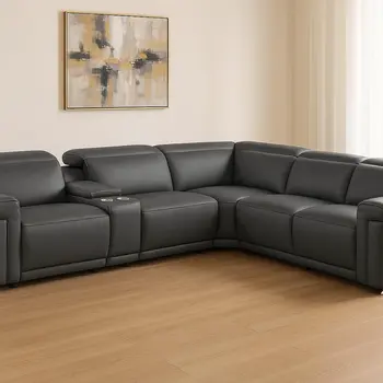 Gray Italian Leather Modular L Shaped Six Piece Corner Sectional With Console