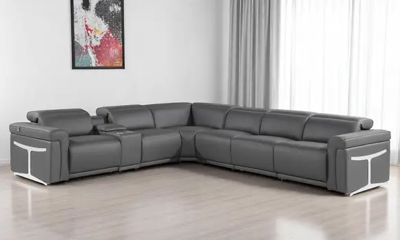 Gray Italian Leather Modular L Shaped Seven Piece Corner Sectional With Console