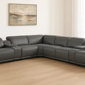 Gray Italian Leather Modular L Shaped Eight Piece Corner Sectional With Console