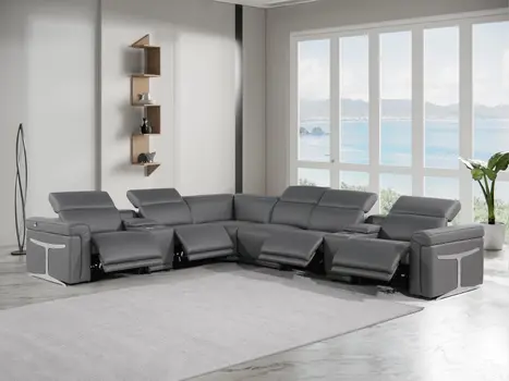 Gray Italian Leather Modular L Shaped Eight Piece Corner Sectional With Console