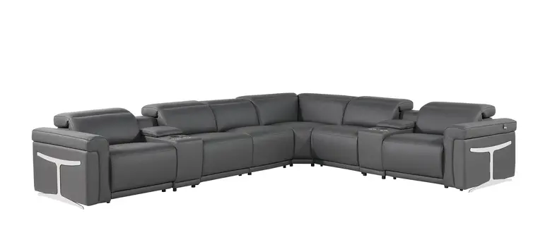 Gray Italian Leather Modular L Shaped Eight Piece Corner Sectional With Console