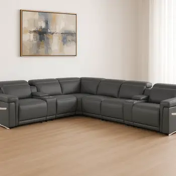 Gray Italian Leather Modular L Shaped Eight Piece Corner Sectional With Console