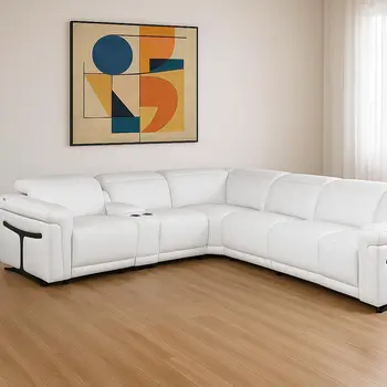 White Italian Leather Modular L Shaped Seven Piece Corner Sectional With Console