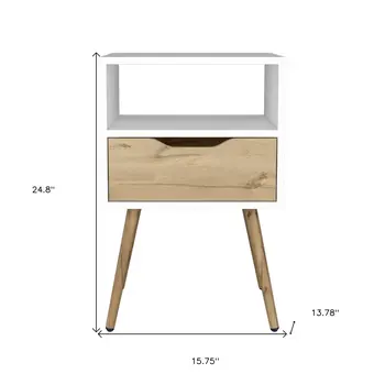25" White And Natural Wood One Drawer Nightstand