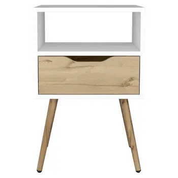 25" White And Natural Wood One Drawer Nightstand