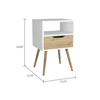 25" White And Natural Wood One Drawer Nightstand