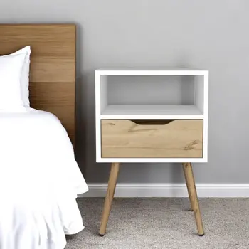 25" White And Natural Wood One Drawer Nightstand