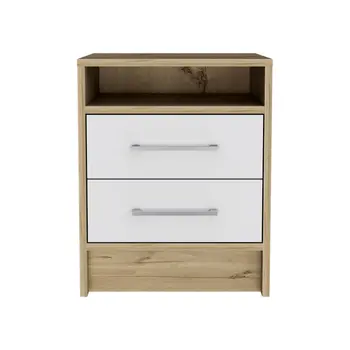 20" White And Natural Wood Two Drawer Nightstand