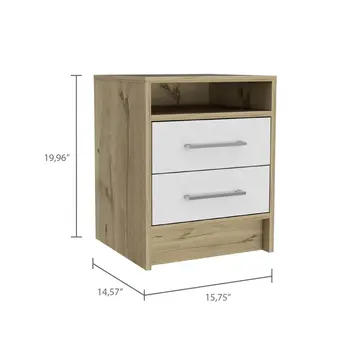 20" White And Natural Wood Two Drawer Nightstand