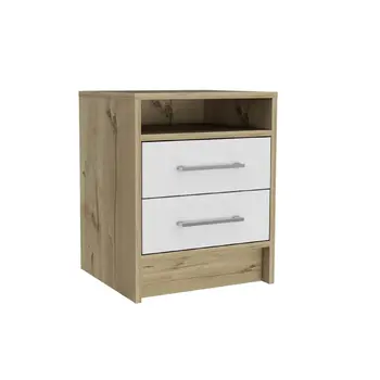 20" White And Natural Wood Two Drawer Nightstand