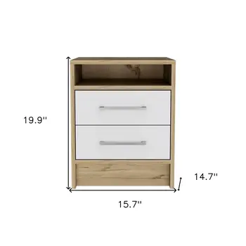 20" White And Natural Wood Two Drawer Nightstand