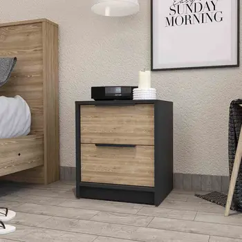 19" Black And Natural Wood Two Drawer Nightstand