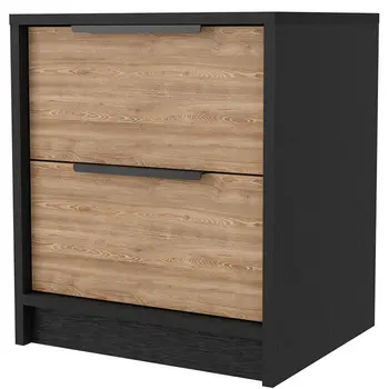 19" Black And Natural Wood Two Drawer Nightstand