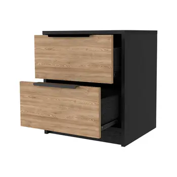 19" Black And Natural Wood Two Drawer Nightstand