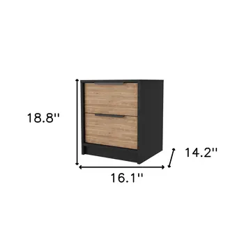 19" Black And Natural Wood Two Drawer Nightstand