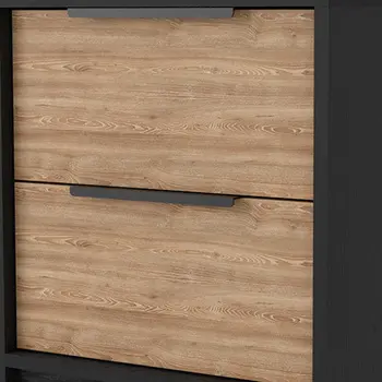 19" Black And Natural Wood Two Drawer Nightstand