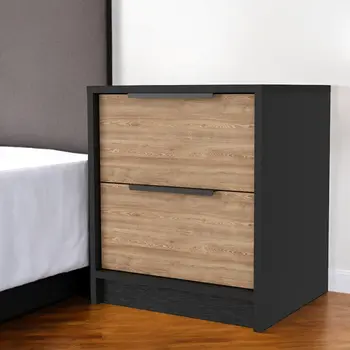 19" Black And Natural Wood Two Drawer Nightstand