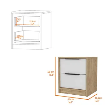 19" White And Natural Wood Two Drawer Nightstand