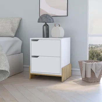 20" White And Natural Wood Two Drawer Nightstand