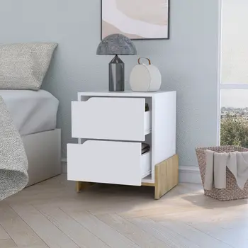 20" White And Natural Wood Two Drawer Nightstand