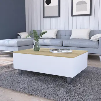 32" White And Oak Brown Wood and Metal Lift Top Coffee Table